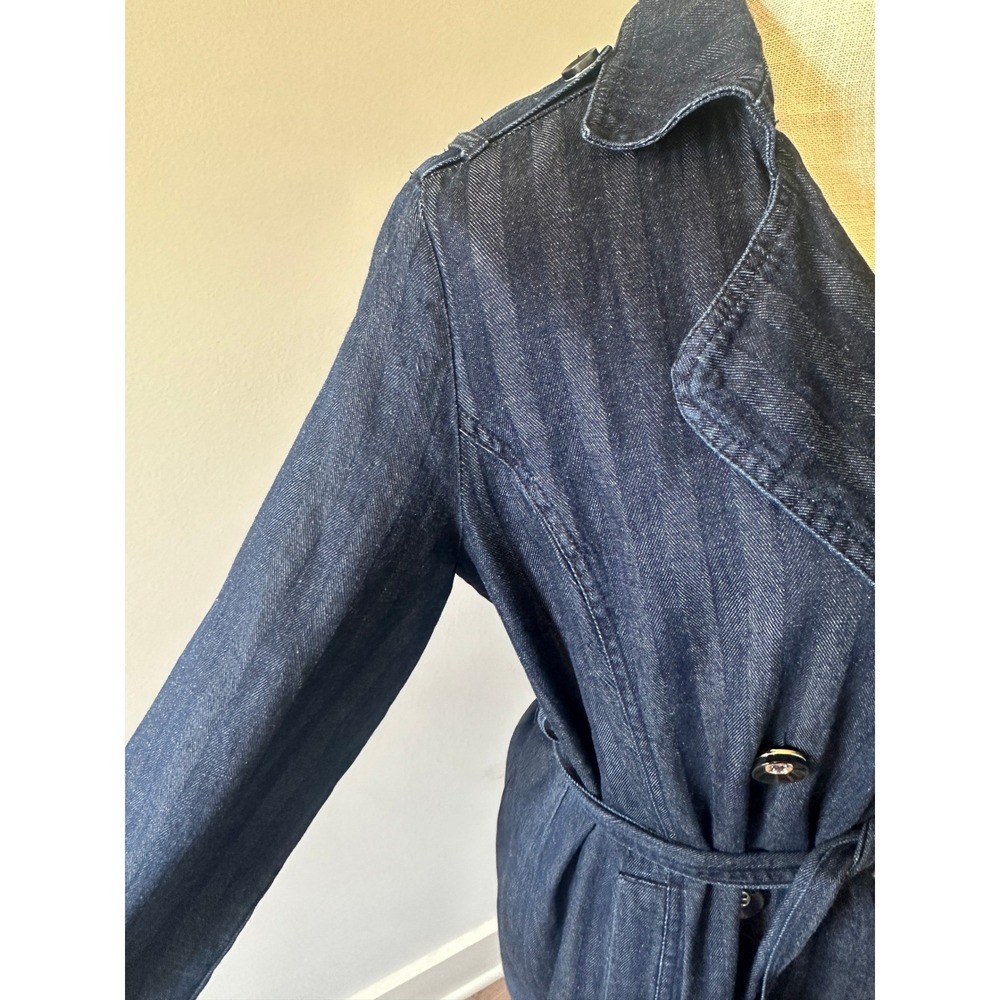 Chicos Dark Wash Denim Trench Coat Double Breasted Herringbone Long Jacket Sz 1 - Picture 3 of 13